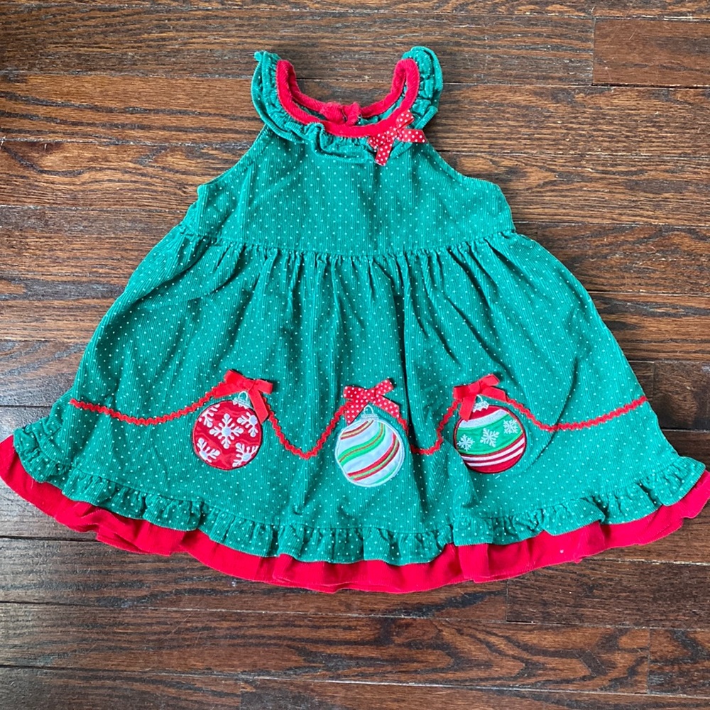 Green corduroy holiday dress with ornaments - 18 months